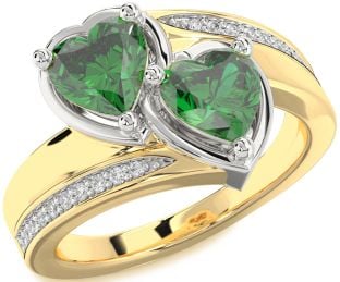 Diamond Emerald Platinum & Yellow Gold Two Heart Birthstone Ring