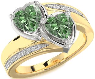 Green Diamond Gold Silver Two Heart Ring
