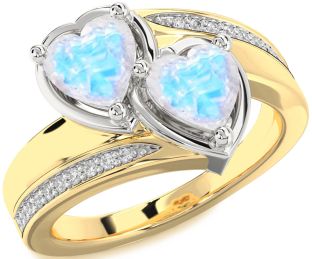 Diamond Moonstone Gold Silver Two Heart Ring