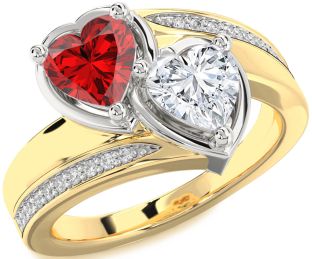 Diamond Emerald Platinum & Yellow Gold Two Heart Birthstone Ring