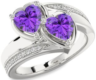 Diamond Emerald Silver Two Heart Birthstone Ring