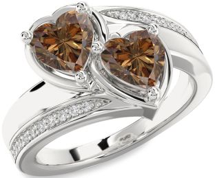 Chocolate Brown Diamond Silver Two Heart Ring