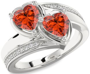 Diamond Emerald Silver Two Heart Birthstone Ring