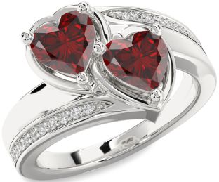 Diamond Emerald Silver Two Heart Birthstone Ring