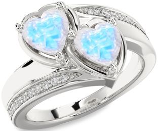 Diamond Emerald Silver Two Heart Birthstone Ring