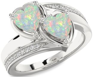 Diamond Emerald Silver Two Heart Birthstone Ring