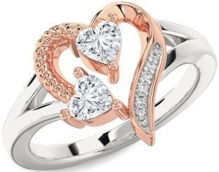 Diamond Silver & 10K Rose Gold Two Heart Ring