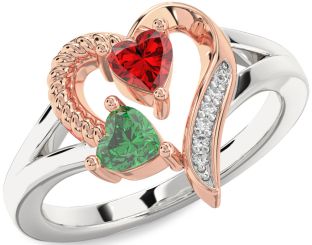 Diamond Emerald Silver & 10K Rose Gold Two Heart Birthstone Ring