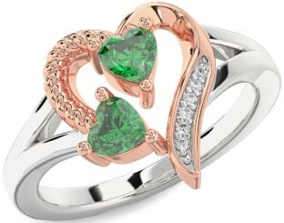 Diamond Emerald White Rose Gold Two Heart Birthstone Ring