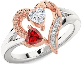 Diamond Emerald Silver & 10K Rose Gold Two Heart Birthstone Ring