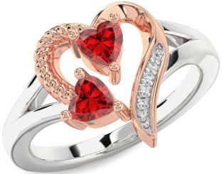 Diamond Emerald Silver & 10K Rose Gold Two Heart Birthstone Ring