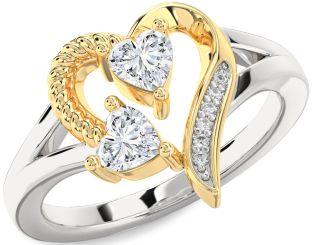 Diamond White Yellow Gold Two Heart Ring