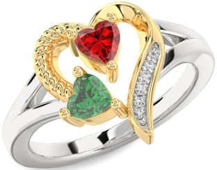 Diamond Emerald Silver & 10K gold Two Heart Birthstone Ring