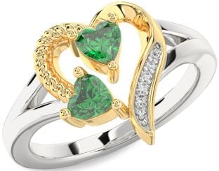 Diamond Emerald Silver & 10K gold Two Heart Birthstone Ring
