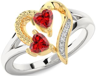 Diamond Emerald Silver & 10K gold Two Heart Birthstone Ring