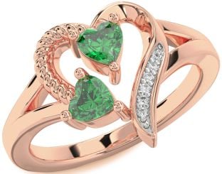 Diamond Emerald Rose Gold Two Heart Birthstone Ring