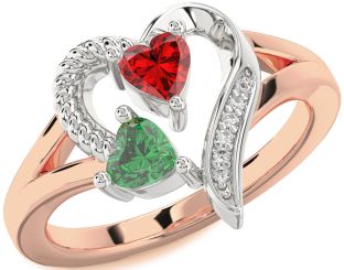 Diamond Emerald White Rose Gold Two Heart Birthstone Ring