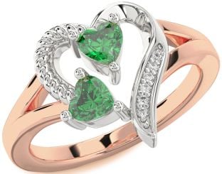 Diamond Emerald White Rose Gold Two Heart Birthstone Ring