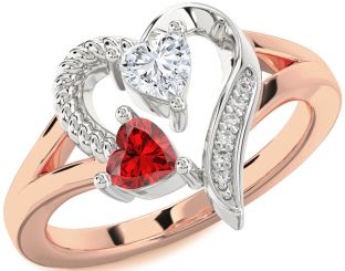 Diamond Emerald White Rose Gold Two Heart Birthstone Ring