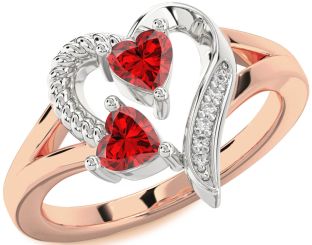 Diamond Emerald White Rose Gold Two Heart Birthstone Ring