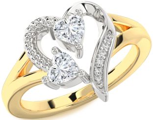 Diamond White Yellow Gold Two Heart Ring