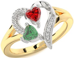 Diamond Emerald Platinum & Yellow Gold Two Heart Birthstone Ring