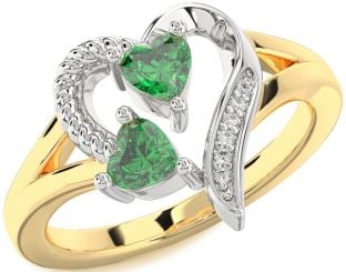 Diamond Emerald Platinum & Yellow Gold Two Heart Birthstone Ring