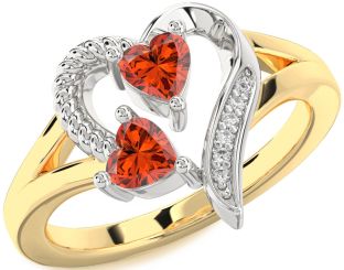 Diamond Fire Opal Gold Silver Two Heart Ring