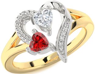 Diamond Emerald Platinum & Yellow Gold Two Heart Birthstone Ring