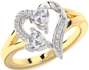 Salt & Pepper Diamond Gold Silver Two Heart Ring