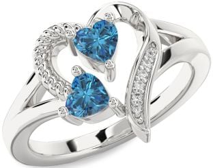 Blue Diamond Silver Two Heart Ring