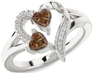 Chocolate Brown Diamond Silver Two Heart Ring