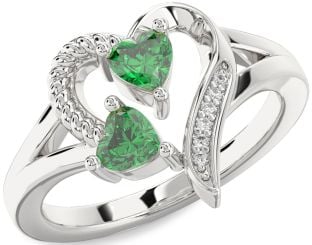 Diamond Emerald Silver Two Heart Birthstone Ring