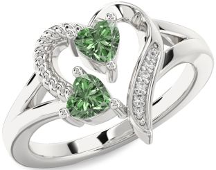 Green Diamond Silver Two Heart Ring