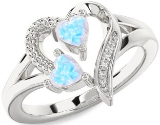 Diamond Emerald Silver Two Heart Birthstone Ring