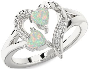 Diamond Emerald Silver Two Heart Birthstone Ring