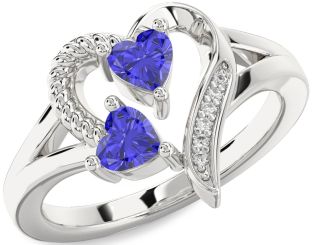 Diamond Tanzanite Silver Two Heart Ring