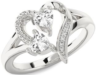 Diamond White Sapphire Silver Two Heart Ring