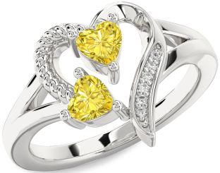 Yellow Diamond Silver Two Heart Ring