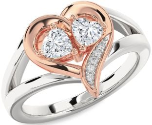 Diamond Silver & 10K Rose Gold Two Heart Ring