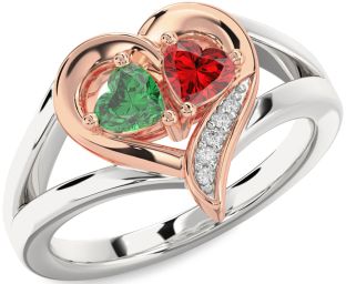 Diamond Emerald Silver & 10K Rose Gold Two Heart Birthstone Ring