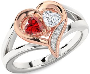 Diamond Emerald Silver & 10K Rose Gold Two Heart Birthstone Ring