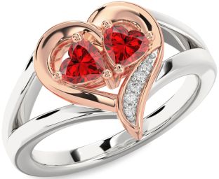 Diamond Emerald Silver & 10K Rose Gold Two Heart Birthstone Ring
