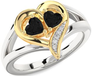 Black Diamond Gold Silver Two Heart Ring