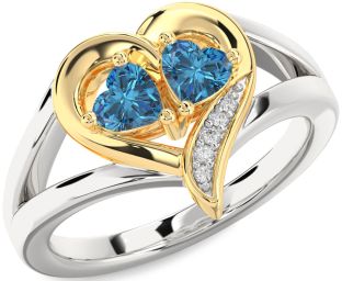 Blue Diamond Gold Silver Two Heart Ring