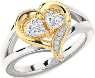 Diamond White Yellow Gold Two Heart Ring