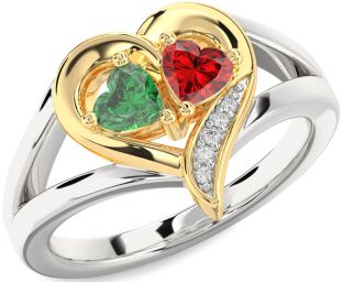 Diamond Emerald Silver & 10K gold Two Heart Birthstone Ring