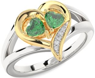 Diamond Emerald Silver & 10K gold Two Heart Birthstone Ring