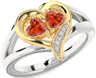 Diamond Fire Opal Gold Silver Two Heart Ring