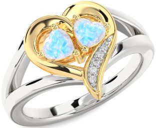 Diamond Moonstone Gold Silver Two Heart Ring